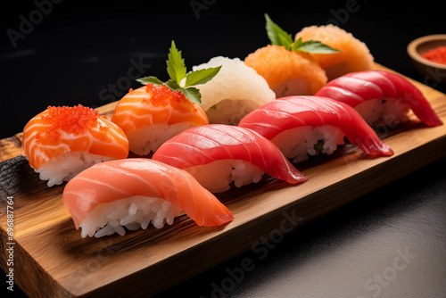 Freshly prepared nigiri sushi, highlighting exquisite toppings, with room for a note on simplicity in taste