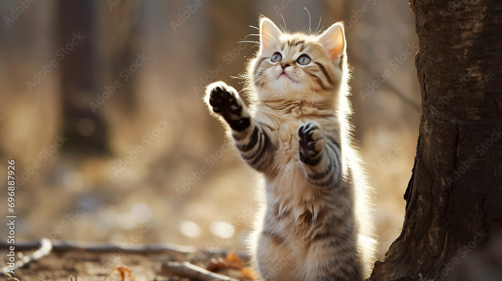 The kitten stands on its hind legs. - obrazy, fototapety, plakaty 