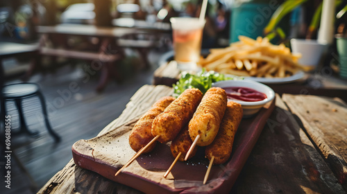A corndog is placed on the table at the street cafe—a traditional American junk food often enjoyed during National CornDog Day. generative AI photo