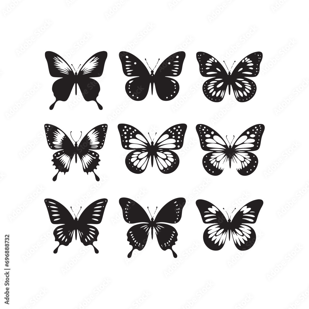 Fototapeta premium Celestial Butterflies: Set of Butterfly Silhouette, Ethereal Flight, and Cosmic Nature Wonders in Detailed Shadows 