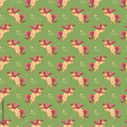 Seamless pattern with unicorn character. A cute unicorn stands on its hind legs. Cartoon doodle illustration.