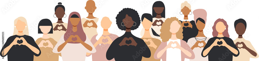 Diverse women with heart-shaped hands stand together. Diverse women with heart-shaped hands stand together.