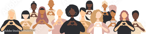 Diverse women with heart-shaped hands stand together.