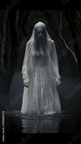 ghostly woman wearing wedding dress  in the dark woods, AI generative
