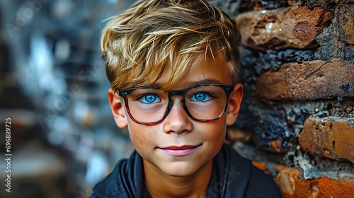 Close-up portrait of a teenager boy with glasses on a bricks wall background. Modern stylish portrait with fashion magazine style.