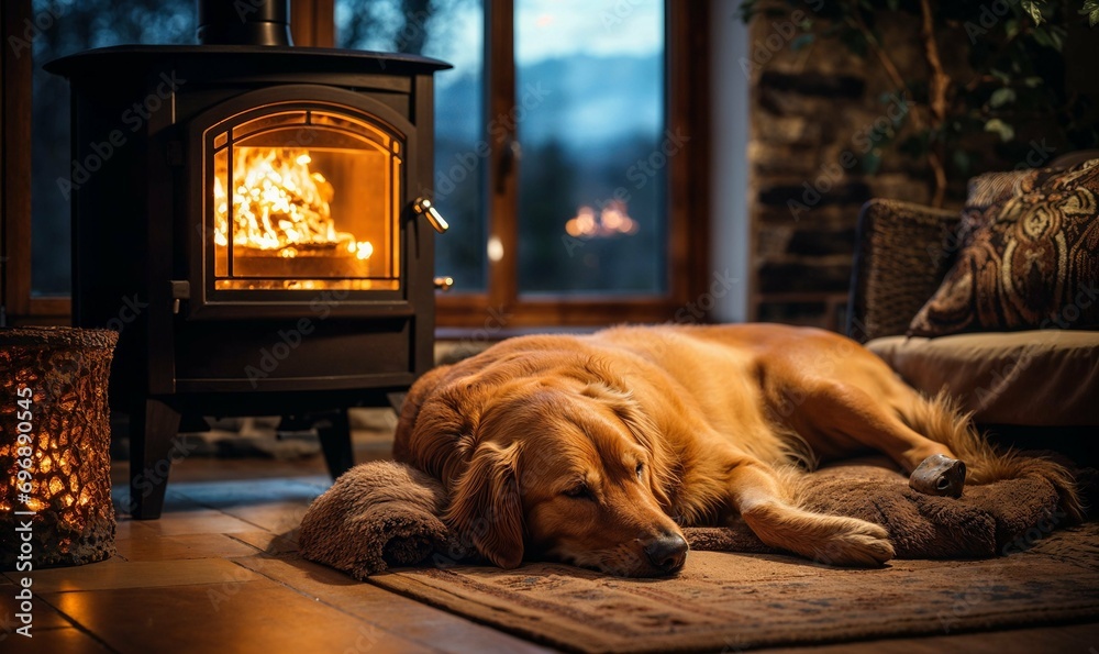 chien allongé devant un poêle à bois en train de fonctionner pendant l'hiver dans un chalet à la montagne - obrazy, fototapety, plakaty 