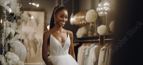 Elegant bride smiling in dress boutique with wedding gowns. Bridal fashion and beauty.