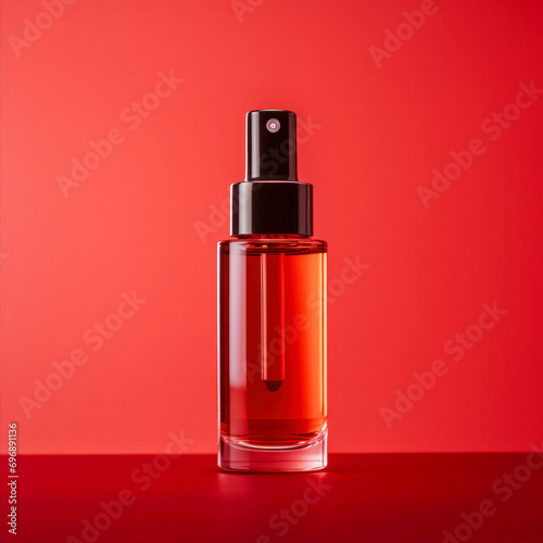 Bottle of perfume on a red background.