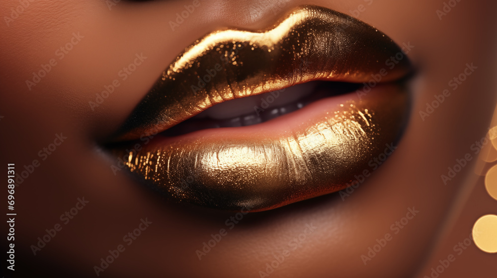 close-up of woman's lips with metallic golden shade of lipstick on the lips. beauty make-up product campaign close-up of woman's lips with metallic golden shade of lipstick on the lips. beauty make-up product campaign