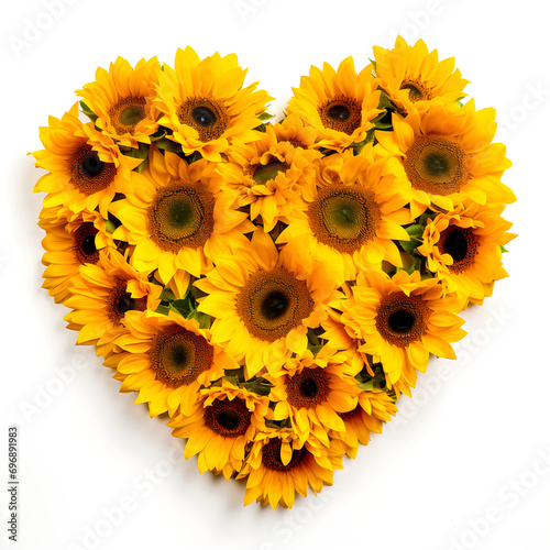 Heart shaped sunflowers isolated on white background, bouquet of yellow sunflowers heart shape