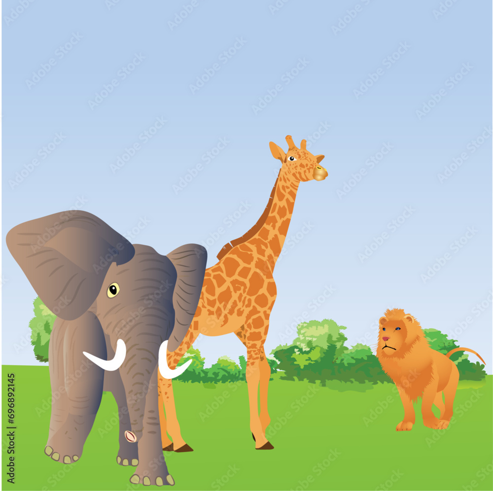 Naklejka premium Wild animals in african savanna, elephant, giraffe and lion. Beautiful landscape vector illustration.