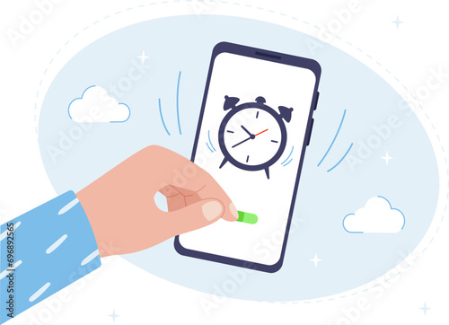 Alarm clock application for a mobile phone. Setting the wake-up time. Snooze the alarm on your smartphone. Vector illustration