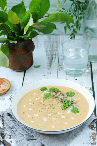 A bowl with mushroom cream soup 