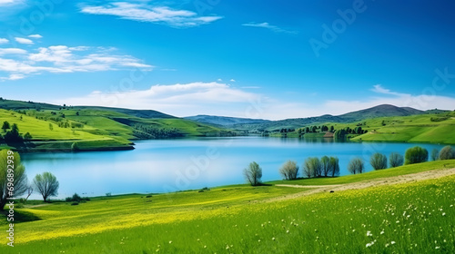 Spring landscape with a blue lake and green hills © JVLMediaUHD