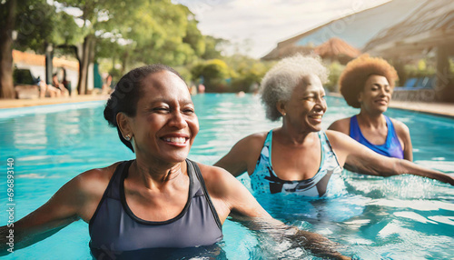 Three Afro women smile and look to the right while engaging in physical exercise in the pool  experiencing a physical and mental well-being that is calm and trouble-free.