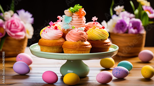 A picture with Easter cakes and bright colors symbolizing a spring holiday
