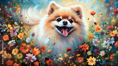 A fluffy Pomeranian joyfully playing in a field of wildflowers, a kaleidoscope of colors surrounding its boundless energy. © Imran_Art