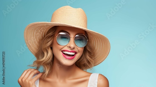 Excited woman in straw hat holding sunglasses © sania