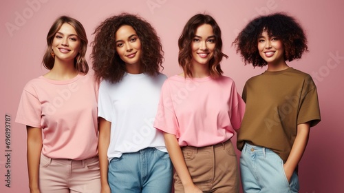 Four cheerful young women express positive emotions and feelings being in good mood smile broadly dressed in casual clothing being best friends isolated over pink background photo