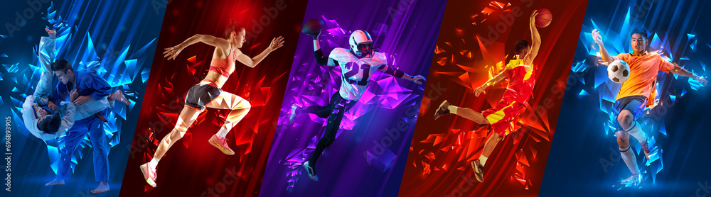 Judo, American football, soccer, jogger and basketball. Header, banner or proposal flyer. Sport collage with training athletic people in motion blur. Concept of professional sport, active lifestyle - obrazy, fototapety, plakaty 