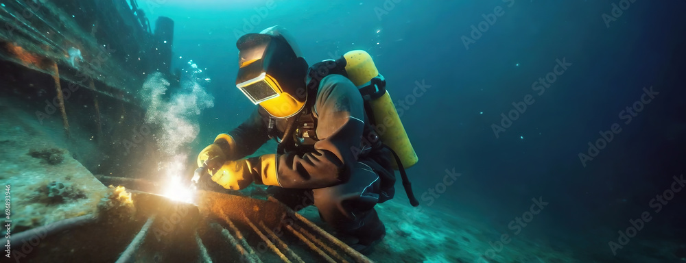 Underwater Welding by a Professional Diver. An underwater welder at work, sparks illuminate the ocean depths as he repairs a submerged structure