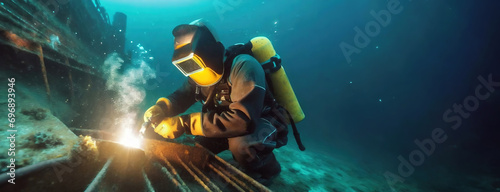 Underwater Welding by a Professional Diver. An underwater welder at work, sparks illuminate the ocean depths as he repairs a submerged structure photo