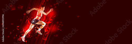 Header, banner or proposal flyer. Young attractive, athletic woman fast running in motion blur against burgundy background. Concept of professional sport, hobby, active lifestyle, recreation, action.
