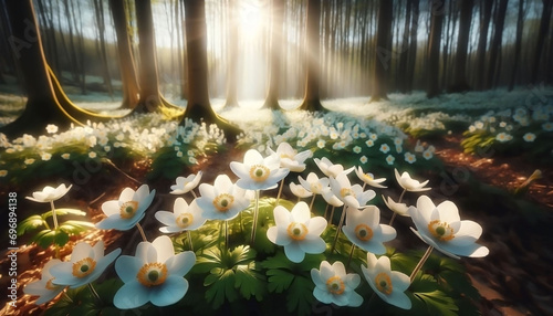 Beautiful white flowers of anemones in spring in a forest close-up in sunlight in nature. Spring forest landscape with flowering primroses