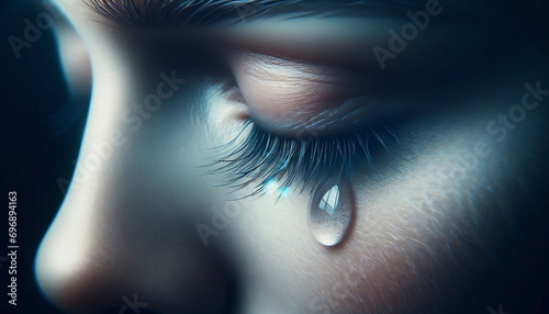 Sad woman concept - closed eyelid closeup with a teardrop on eyelashes. A tear on eyelashes macro close-up. A tear runs down his cheek. Tinted blue 