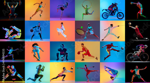 Set made of portraits of professional sportsman, hardly workout before competition in mixed neon light against multicolored gradient background. Concept of professional sport, hobby, motion.
