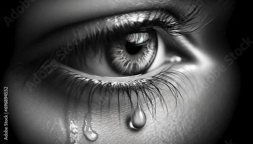 Tears on eyes. Open expressive look eyes with teardrop on the eyelashes macro close-up black and white photo
