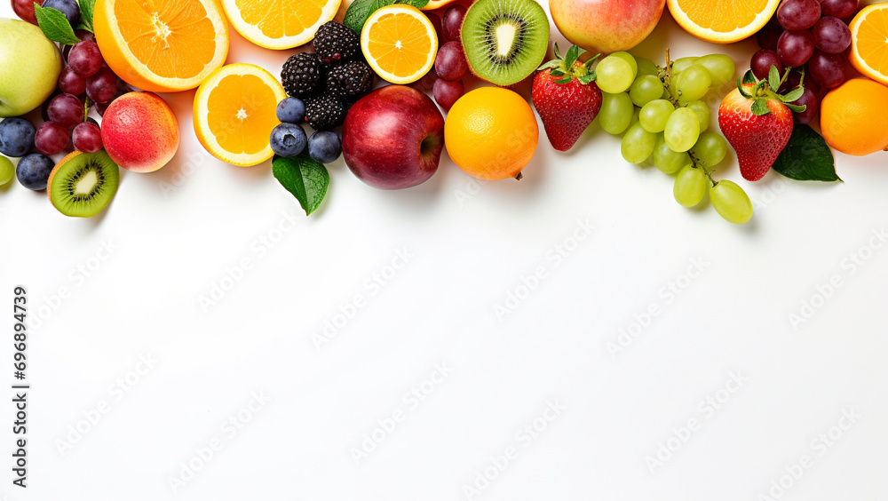 Top view of assorted fresh fruits on a clean white background - obrazy, fototapety, plakaty 