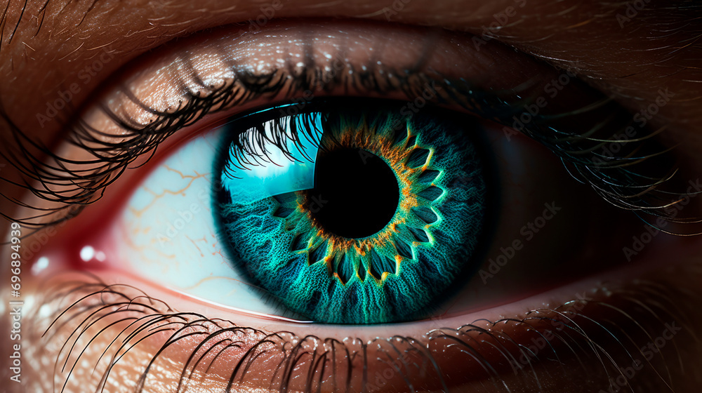Close-up shot and eyes are bright blue with multicolored iris. Macro view of the compound pupil. Ophthalmology clinic. Eye surgeries. Restoration of vision. Fantasy makeup. Vertical banner