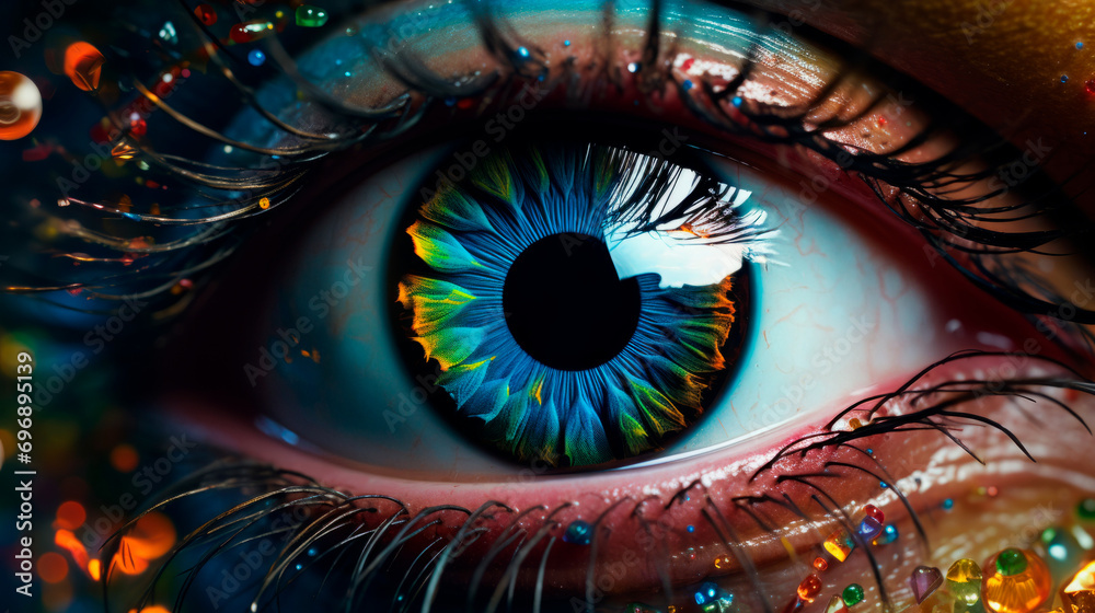 Close-up shot and eyes are bright blue with multicolored iris. Macro view of the compound pupil. Ophthalmology clinic. Eye surgeries. Restoration of vision. Fantasy makeup. Horizontal banner