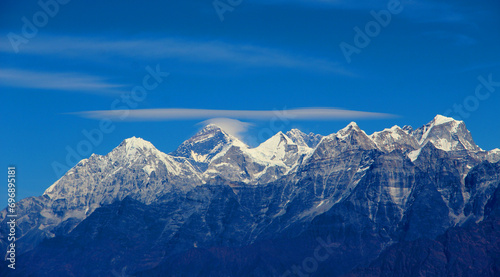 Mount Everest is Earth's highest mountain above sea level, located in the Mahalangur Himal sub-range of the Himalayas. Mount Everest view from Solukhumbu, Nepal. photo