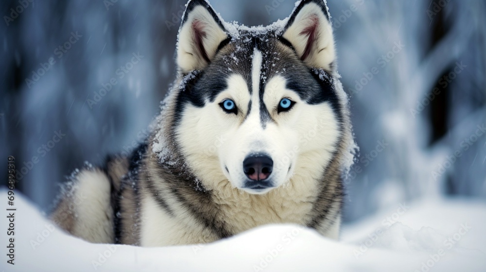 A regal Husky, its piercing blue eyes mirroring the wintry landscape it explores with a sense of curiosity.