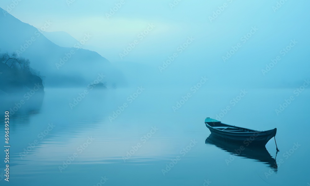 A Lonely Fishing Boat In The Middle Of A Misty Lake