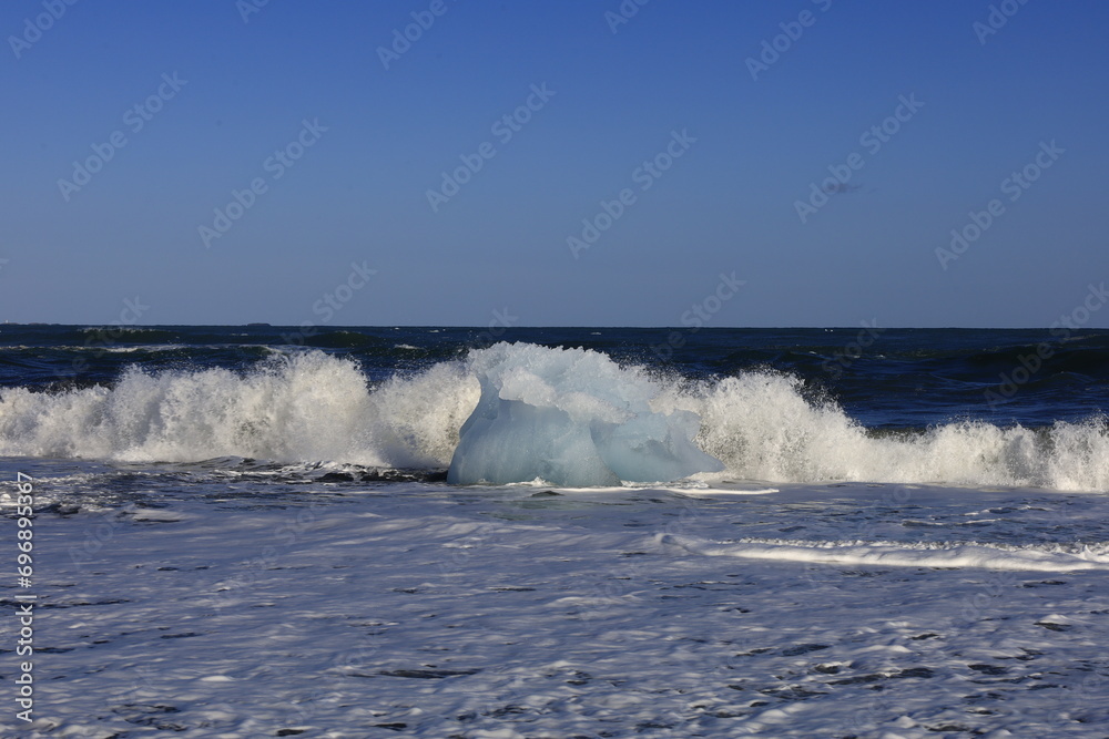 View on a iceberg on the Diamond Beach located south of the Vatnajökull glacier between the Vatnajökull National Park and the town of Höfn