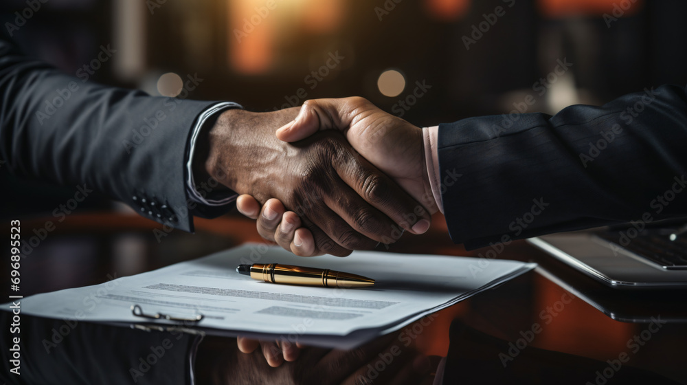 Closeup of businessmen shaking hands closing successful business deal, customer support, Space for text