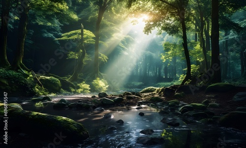 Rays Of The Morning Sun In The Middle Of The Green Forest