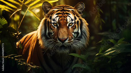 Portrait of beautiful tiger in the deep jungle forest background. photo