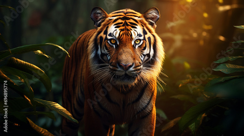 Portrait of beautiful tiger in the deep jungle forest background. photo