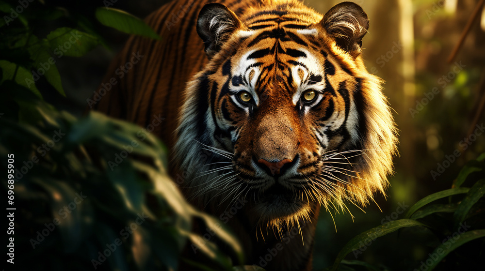 Portrait of beautiful tiger in the deep jungle forest background.