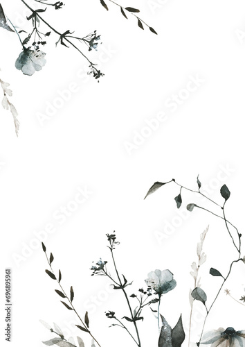 Watercolor painted floral frame. Gray  black chamomile  daisy  little wild flowers  spikelets  leaves  branches  field herbs. Hand drawn template illustration. Watercolour artistic drawing.