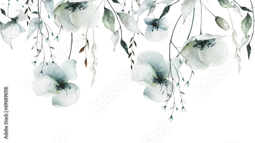 Watercolor painted floral seamless border of pastel blue, gray poppy, wild flowers, leaves, branches, herbs. Hand drawn illustration. Watercolour artistic template design.