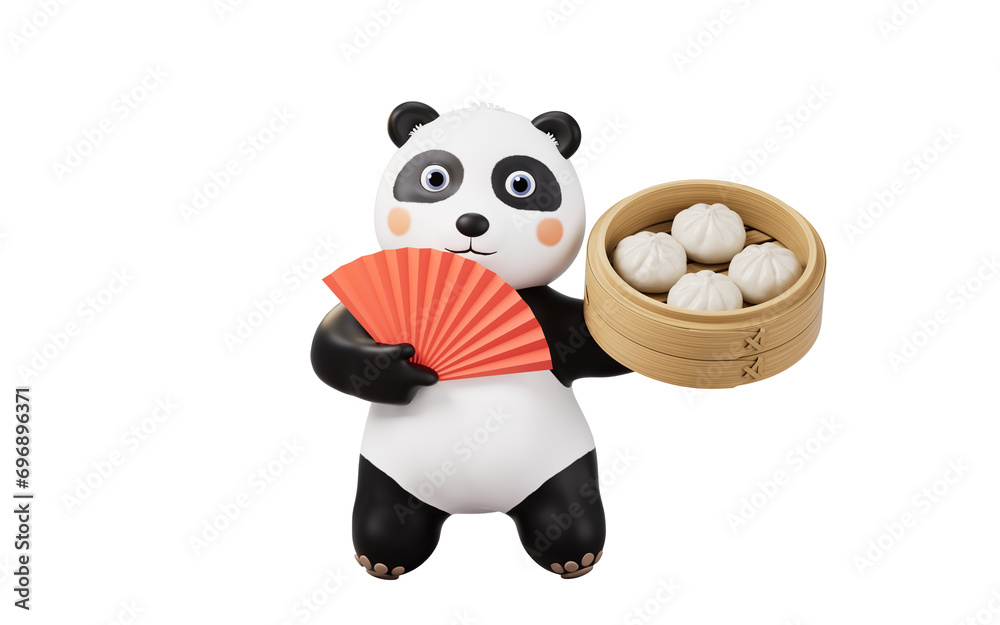 Naklejka premium Cartoon panda and Chinese food baozi, 3d rendering.