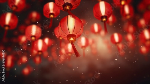 Red lantern lighting at night on Chinese new year background. Generative AI