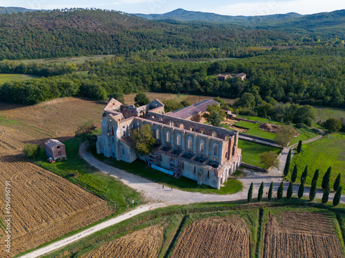 Aerial view of the Abazzia di san Galgano, an old abbey in Tuscany Italy