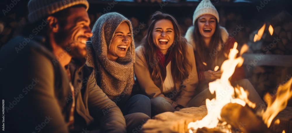 Joy and relaxation of friends having fun around a crackling fire during a winter celebration.