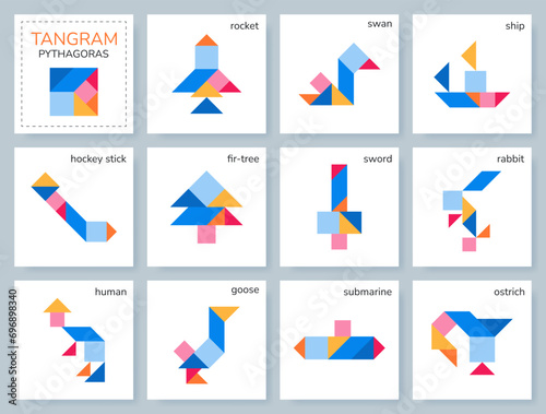 Tangram puzzle game for kids. Colorful geometric collection with isolated objects. Pythagoras. Various icons on white backdrop. Vector illustrations.
